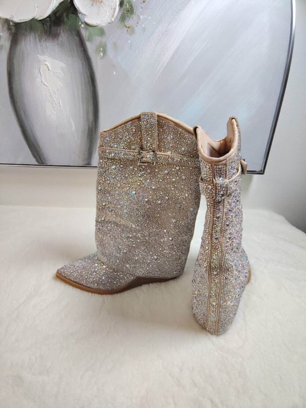 Madden Girl Womens Joe Rhinestone Cuffed Wedge Western Dress Boots 7.5 - Picture 5 of 13